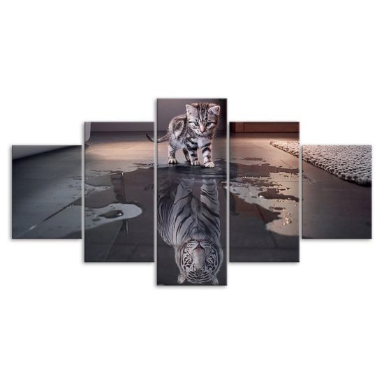 Cat Kitten Tiger Reflection Scene 5 Piece Five Panel Wall Canvas Print Modern Art Poster Wall Art Decor 3