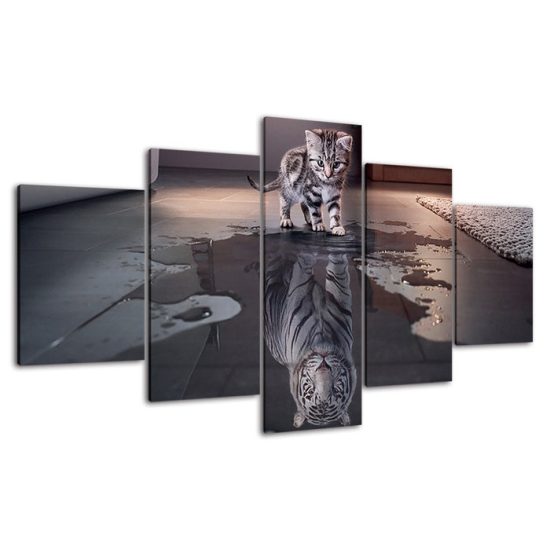Cat Kitten Tiger Reflection Scene 5 Piece Five Panel Wall Canvas Print Modern Art Poster Wall Art Decor 4