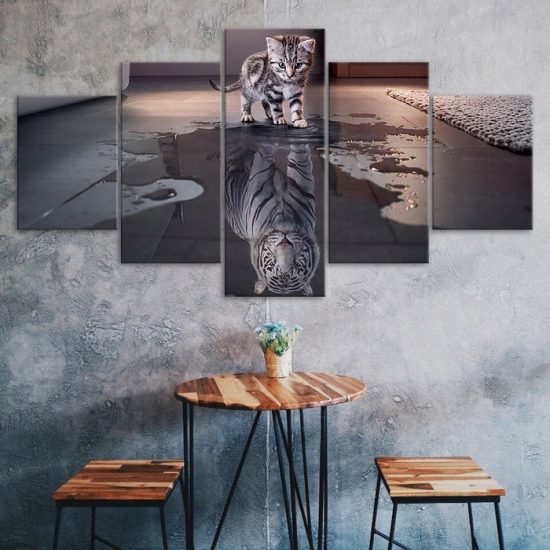 Cat Kitten Tiger Reflection Scene 5 Piece Five Panel Wall Canvas Print Modern Art Poster Wall Art Decor