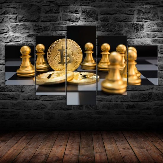 Chess Bitcoin Gold Color Scene 5 Piece Five Panel Wall Canvas Print Modern Art Poster Wall Art Decor 1