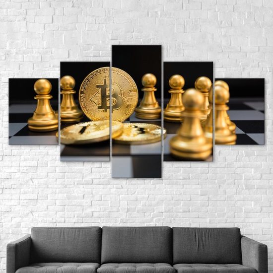 Chess Bitcoin Gold Color Scene 5 Piece Five Panel Wall Canvas Print Modern Art Poster Wall Art Decor 2