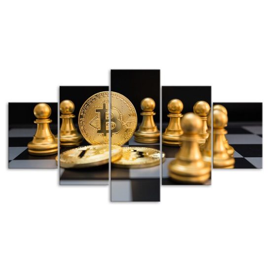 Chess Bitcoin Gold Color Scene 5 Piece Five Panel Wall Canvas Print Modern Art Poster Wall Art Decor 3