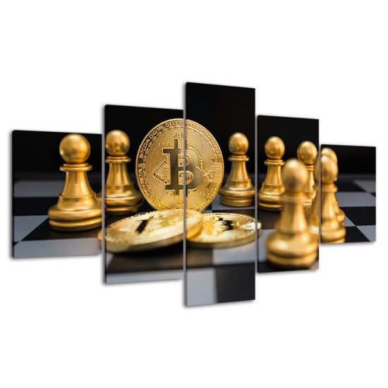 Chess Bitcoin Gold Color Scene 5 Piece Five Panel Wall Canvas Print Modern Art Poster Wall Art Decor 4