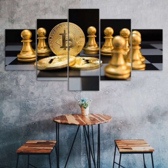 Chess Bitcoin Gold Color Scene 5 Piece Five Panel Wall Canvas Print Modern Art Poster Wall Art Decor