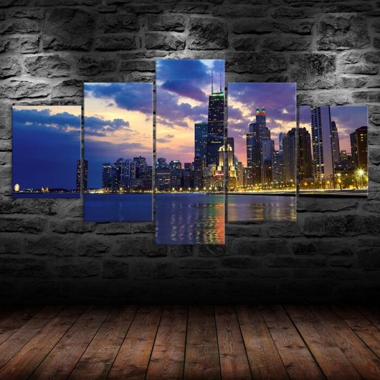 Chicago City Skyline Night View Scenery 5 Piece Five Panel Wall Canvas Print Modern Art Poster Wall Art Decor 1