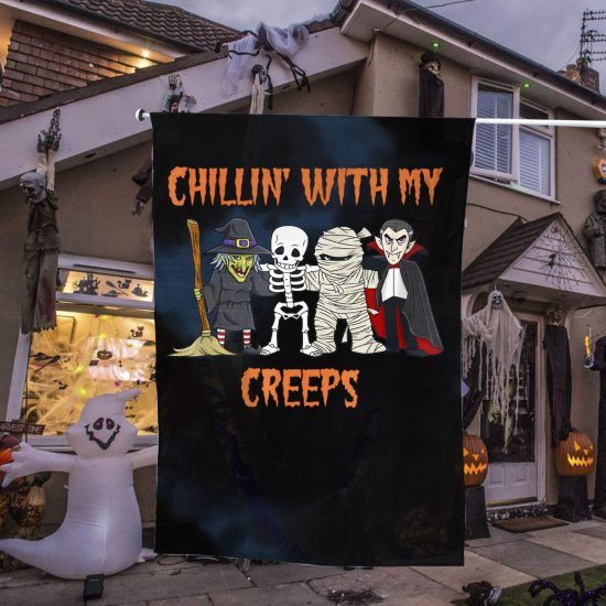 Chillin' With My Creeps Vampire Halloween Skeleton Halloween Personalized Garden Flag House Flag Double Sided Home Design Outdoor Porch