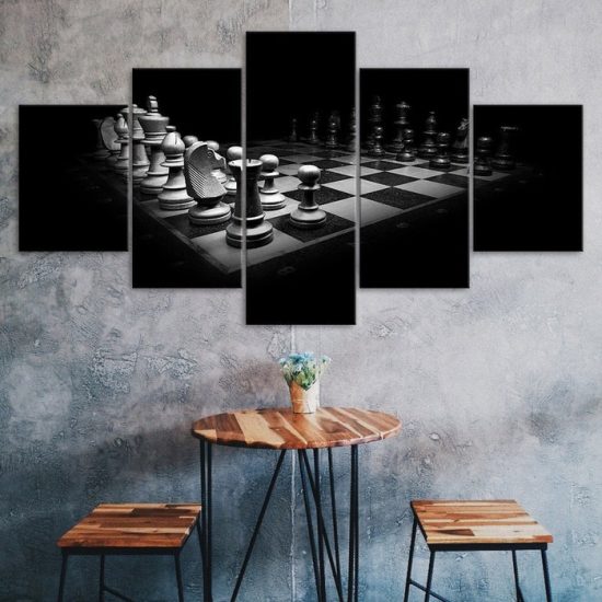Classic Chess Game Black White Scene 5 Piece Five Panel Wall Canvas Print Modern Art Poster Wall Art Decor