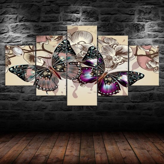 Colorful Butterfly Orchid Flower Scenery 5 Piece Five Panel Wall Canvas Print Modern Art Poster Wall Art Decor 1