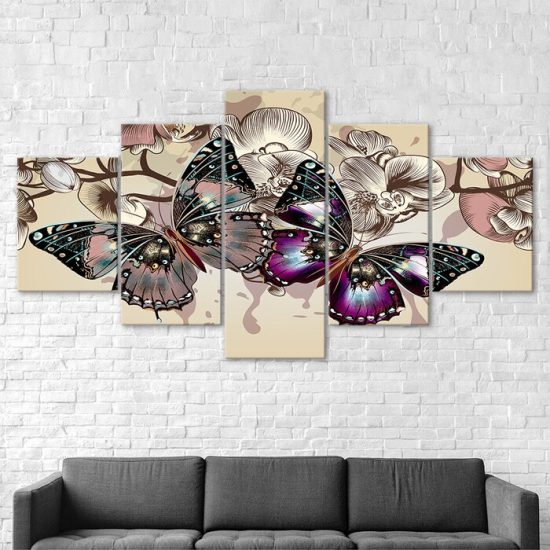 Colorful Butterfly Orchid Flower Scenery 5 Piece Five Panel Wall Canvas Print Modern Art Poster Wall Art Decor 2