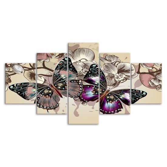 Colorful Butterfly Orchid Flower Scenery 5 Piece Five Panel Wall Canvas Print Modern Art Poster Wall Art Decor 3
