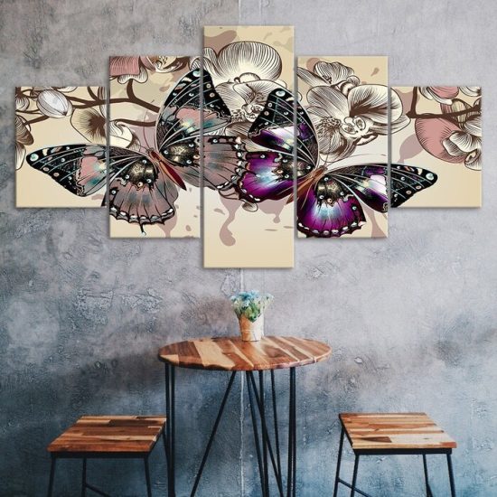 Colorful Butterfly Orchid Flower Scenery 5 Piece Five Panel Wall Canvas Print Modern Art Poster Wall Art Decor