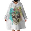 Colorful Flowers On Skull Watercolor Background Hoodie Wearable Blanket WB0672
