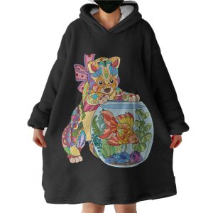 Colorful Geometric Cat & Fishbowl Hoodie Wearable Blanket WB0281