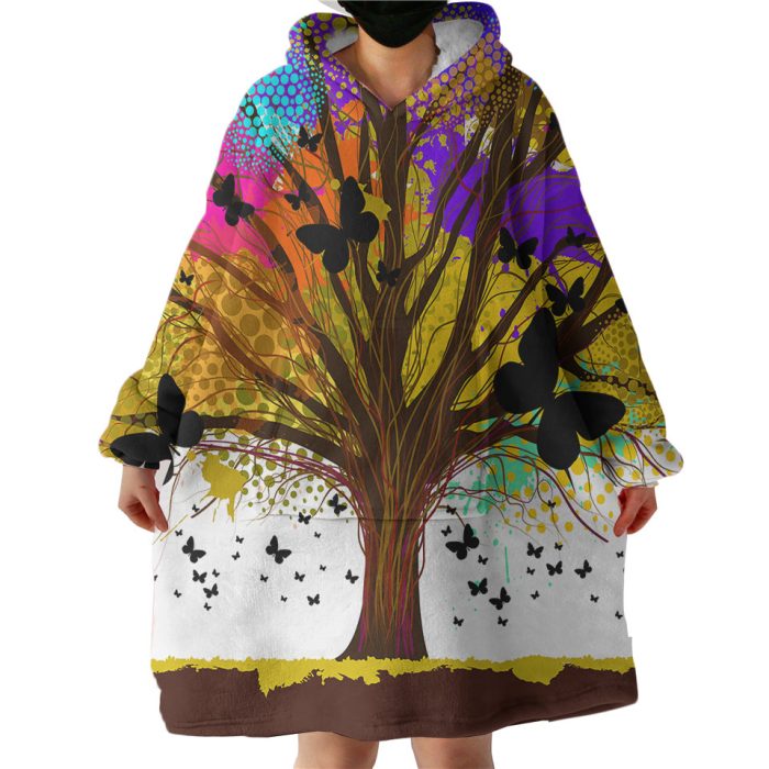 Colorful Huge Tree and Multi Butterflies Hoodie Wearable Blanket WB0662