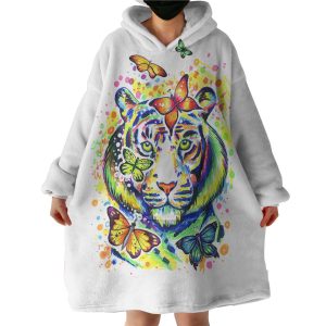 Colorful Watercolor Tiger Sketch & Butterfly Hoodie Wearable Blanket WB0488