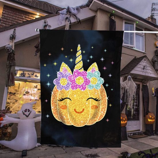 Cute Unicorn Pumpkin Halloween Thanksgiving Day Personalized Garden Flag House Flag Double Sided Home Design Outdoor Porch