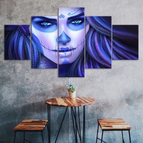 Day Of The Dead Face Blue Tone 5 Piece Five Panel Wall Canvas Print Modern Art Poster Wall Art Decor