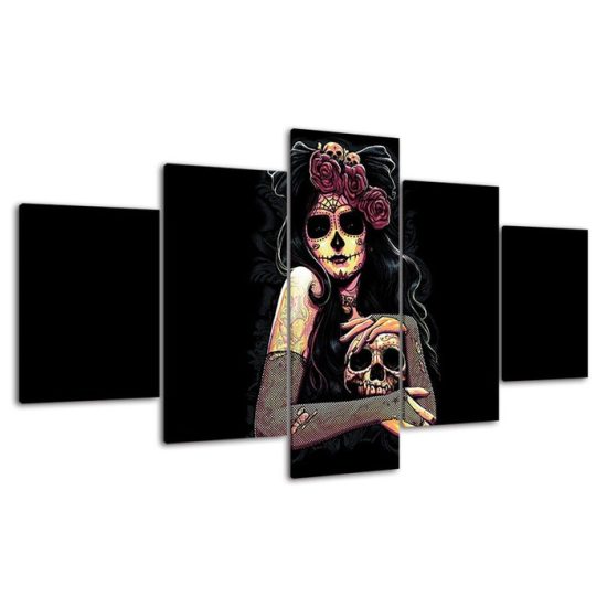 Day Of The Dead Face Skull 5 Piece Five Panel Wall Canvas Print Modern Art Poster Wall Art Decor 4