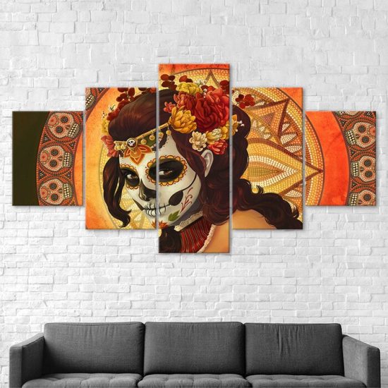 Day Of The Dead Face Skull Woman Canvas 5 Piece Five Panel Wall Print Modern Art Poster Wall Art Decor 2
