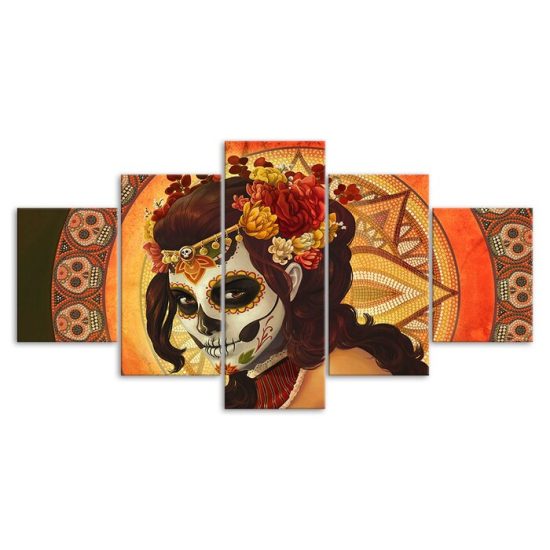Day Of The Dead Face Skull Woman Canvas 5 Piece Five Panel Wall Print Modern Art Poster Wall Art Decor 3