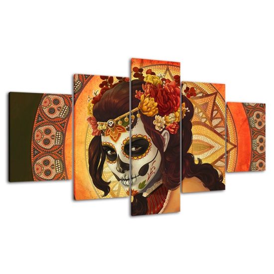 Day Of The Dead Face Skull Woman Canvas 5 Piece Five Panel Wall Print Modern Art Poster Wall Art Decor 4