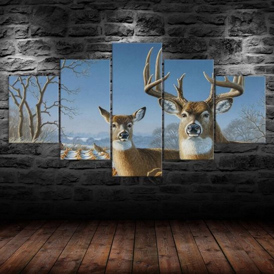 Deer Family Winter Scenery 5 Piece Five Panel Wall Canvas Print Modern Art Poster Wall Art Decor 1
