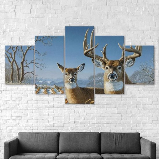 Deer Family Winter Scenery 5 Piece Five Panel Wall Canvas Print Modern Art Poster Wall Art Decor 2
