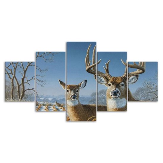 Deer Family Winter Scenery 5 Piece Five Panel Wall Canvas Print Modern Art Poster Wall Art Decor 3