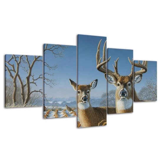 Deer Family Winter Scenery 5 Piece Five Panel Wall Canvas Print Modern Art Poster Wall Art Decor 4