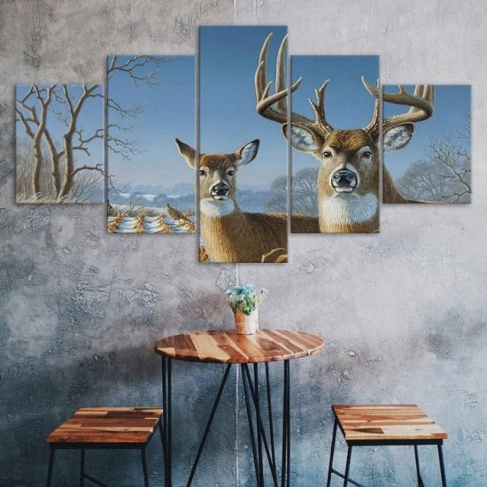 Deer Family Winter Scenery 5 Piece Five Panel Wall Canvas Print Modern Art Poster Wall Art Decor