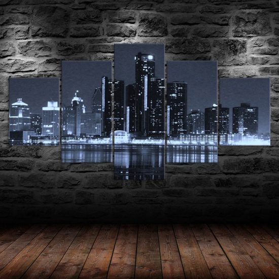 Detroit Michigan Cityscape Skyline Dark Night 5 Piece Five Panel Wall Canvas Print Modern Art Poster Wall Art Decor 1