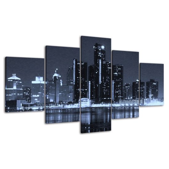 Detroit Michigan Cityscape Skyline Dark Night 5 Piece Five Panel Wall Canvas Print Modern Art Poster Wall Art Decor 4
