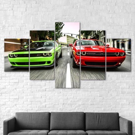 Dodge Challenger Cars Street Race Scene Canvas 5 Piece Five Panel Print Modern Wall Art Poster Wall Art Decor 2