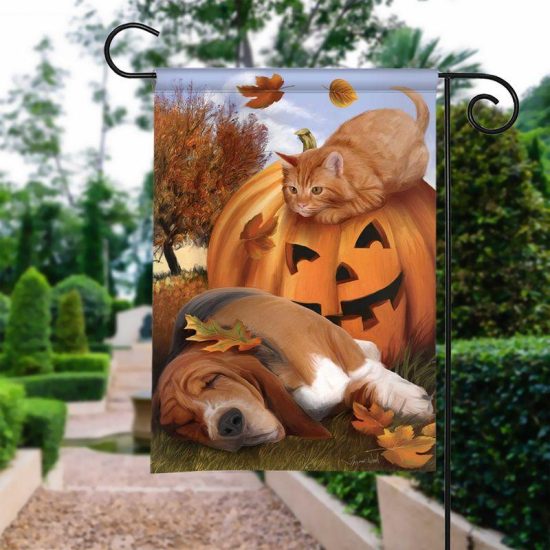 Dog And Cat With Pumpkins Halloween Personalized Garden Flag House Flag Double Sided Home Design Outdoor Porch