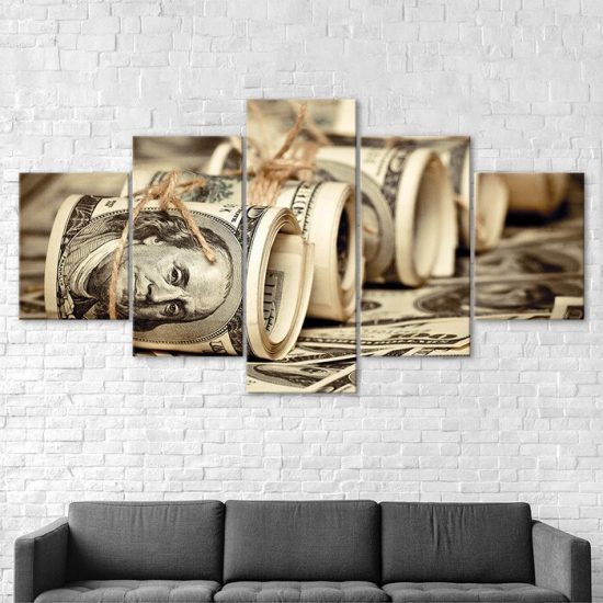 Dollar Bills Benjamins Money Rolls Fiat Currency 5 Piece Five Panel Wall Canvas Print Modern Art Poster Wall Art Decor 2