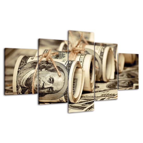 Dollar Bills Benjamins Money Rolls Fiat Currency 5 Piece Five Panel Wall Canvas Print Modern Art Poster Wall Art Decor 4