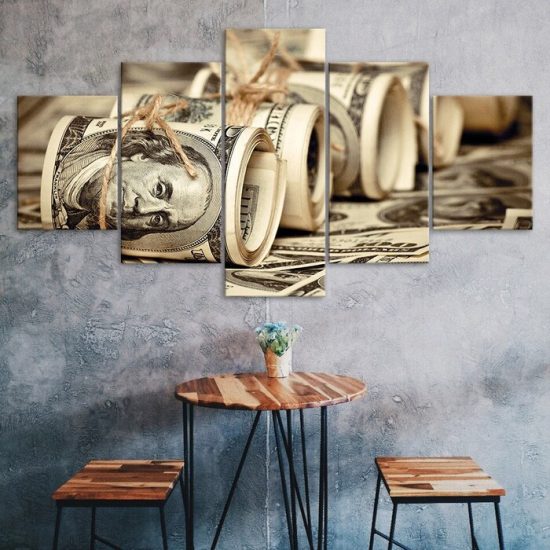 Dollar Bills Benjamin's Money Rolls Fiat Currency 5 Piece Five Panel Wall Canvas Print Modern Art Poster Wall Art Decor