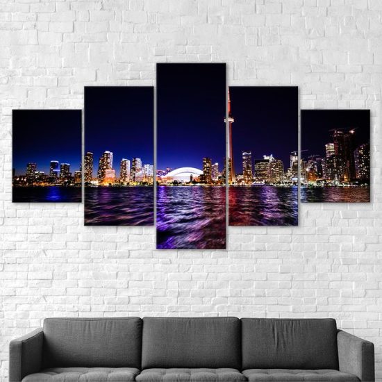 Downtown Toronto Skyline Night View Scenery 5 Piece Five Panel Wall Canvas Print Modern Art Poster Wall Art Decor 2