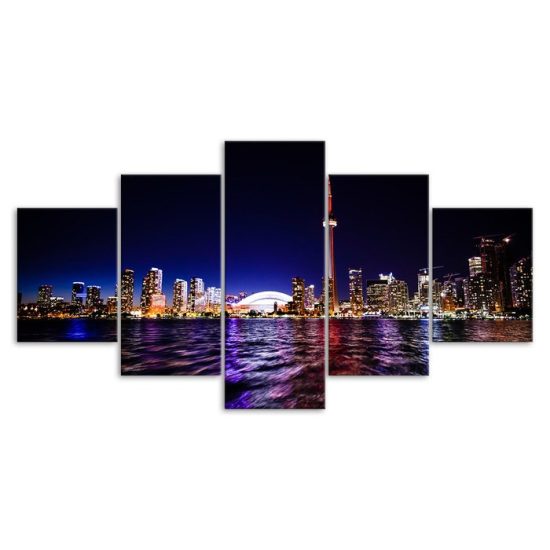 Downtown Toronto Skyline Night View Scenery 5 Piece Five Panel Wall Canvas Print Modern Art Poster Wall Art Decor 3