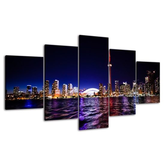 Downtown Toronto Skyline Night View Scenery 5 Piece Five Panel Wall Canvas Print Modern Art Poster Wall Art Decor 4