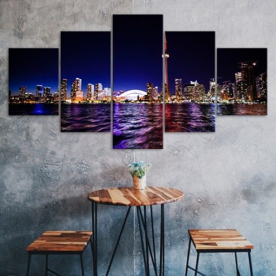 Downtown Toronto Skyline Night View Scenery 5 Piece Five Panel Wall Canvas Print Modern Art Poster Wall Art Decor