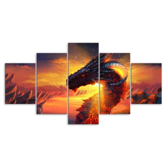 Dragon Fantasy Scenery 5 Piece Five Panel Canvas Print Modern Poster Wall Art Decor 3