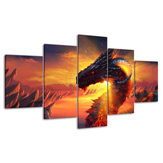 Dragon Fantasy Scenery 5 Piece Five Panel Canvas Print Modern Poster Wall Art Decor 4