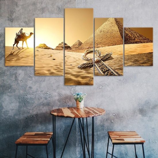 Egypt Pyramids Camel Animal Desert Scenery 5 Piece Five Panel Wall Canvas Print Modern Art Poster Wall Art Decor