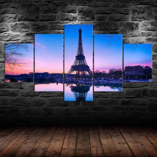 Eiffel Tower Paris Pink Sunset Scenery 5 Piece Five Panel Wall Canvas Print Modern Art Poster Wall Art Decor 1