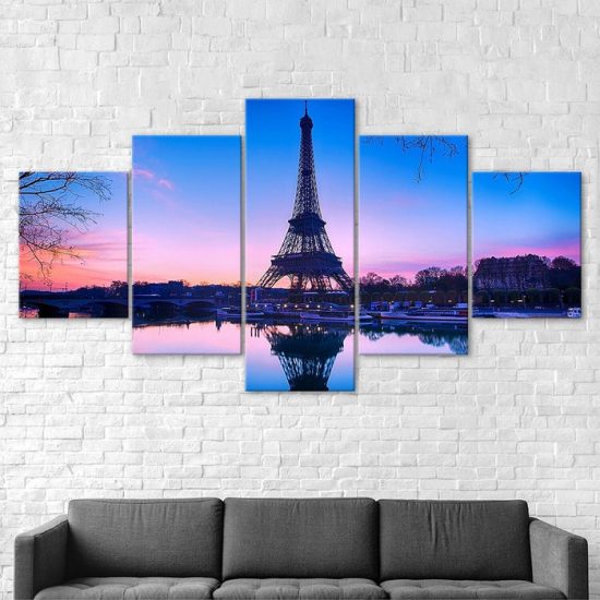 Eiffel Tower Paris Pink Sunset Scenery 5 Piece Five Panel Wall Canvas Print Modern Art Poster Wall Art Decor 2