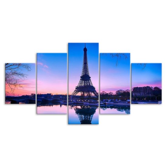 Eiffel Tower Paris Pink Sunset Scenery 5 Piece Five Panel Wall Canvas Print Modern Art Poster Wall Art Decor 3