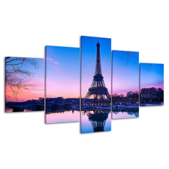 Eiffel Tower Paris Pink Sunset Scenery 5 Piece Five Panel Wall Canvas Print Modern Art Poster Wall Art Decor 4