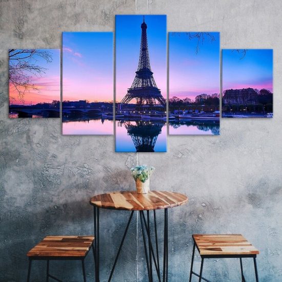 Eiffel Tower Paris Pink Sunset Scenery 5 Piece Five Panel Wall Canvas Print Modern Art Poster Wall Art Decor