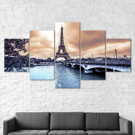 Eiffel Tower Romantic Paris France 5 Piece Five Panel Wall Canvas Print Modern Art Poster Wall Art Decor 2